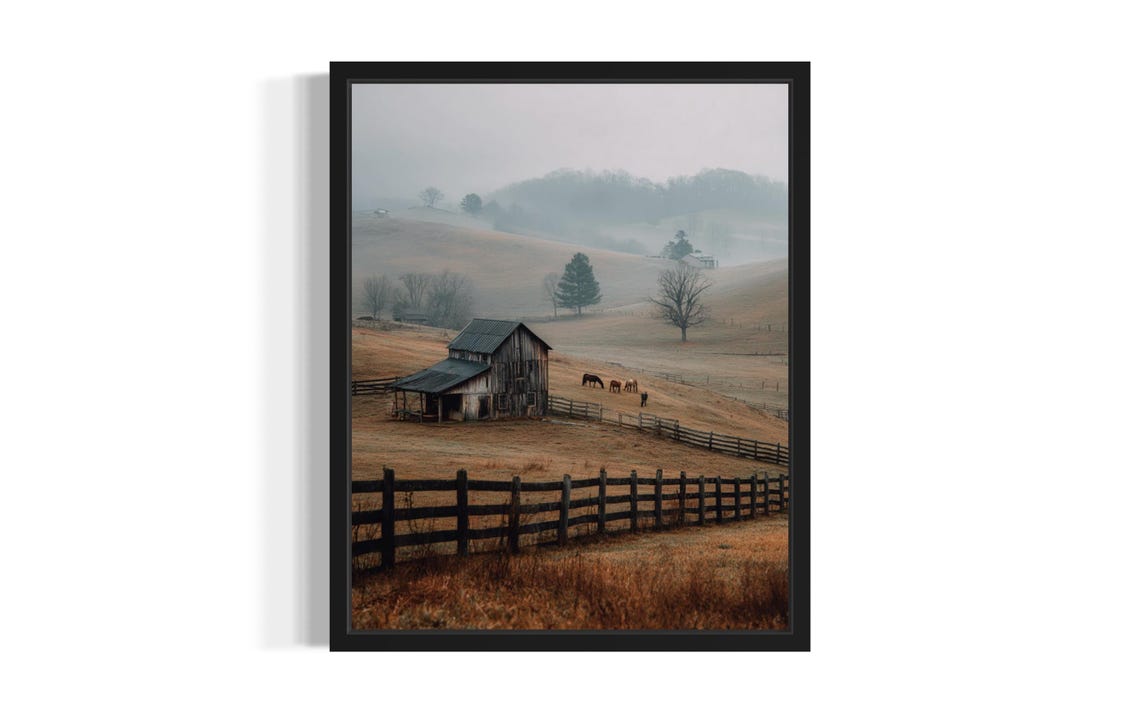 Kentucky Winter Farmhouse Barn Horses Misty Morning Landscape Poster
