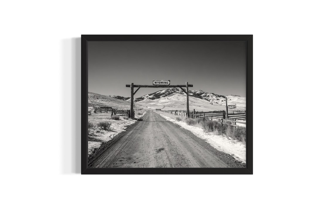 Wyoming Ranch Gate Snowy Mountain Black and White Photo Poster