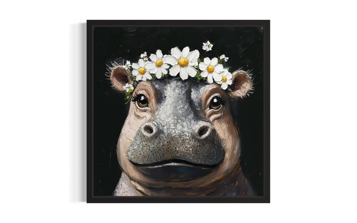 Baby Hippo Daisy Crown Painted Portrait on Black Background Poster