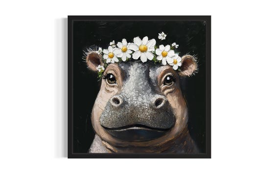 Hippo Nursery Animal Poster Art Print Living Room Wall Original Painting Artwork Decor
