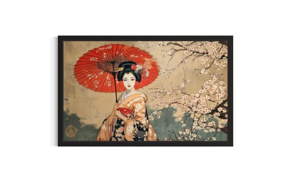 Geisha And Cherry Blossoms Japanese Poster Art Print Living Room Wall Original Painting Artwork Decor