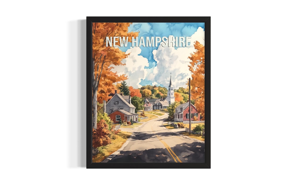 New Hampshire Historic Village Autumn Road Vintage Travel Poster