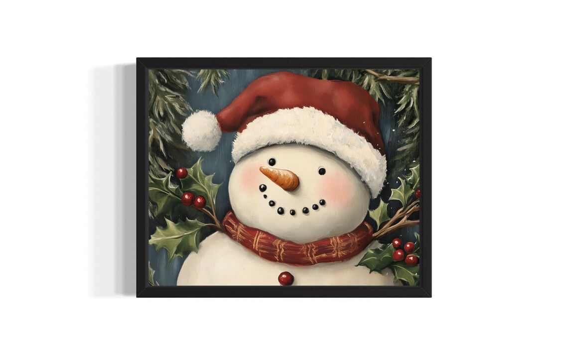Jolly Snowman Wearing A Santa Hat And Red Plaid Scarf Christmas Poster