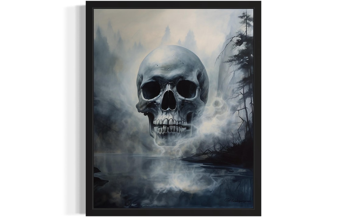 Giant Skull Rising From A Misty Forest Lake Surreal Horror Poster