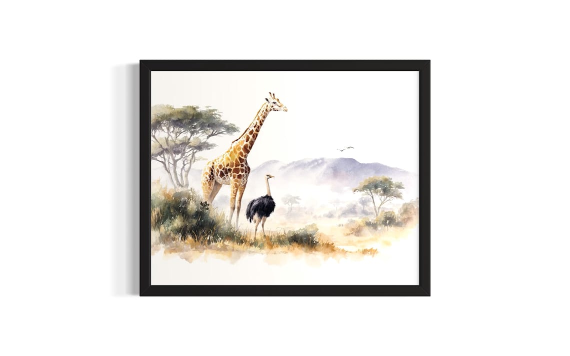 Tall Giraffe and Ostrich on the Open Savanna Watercolor Poster