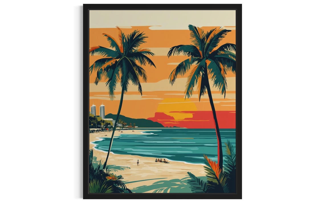 Twin Palms Beach Sunset City Skyline Retro Vintage Travel Art Poster