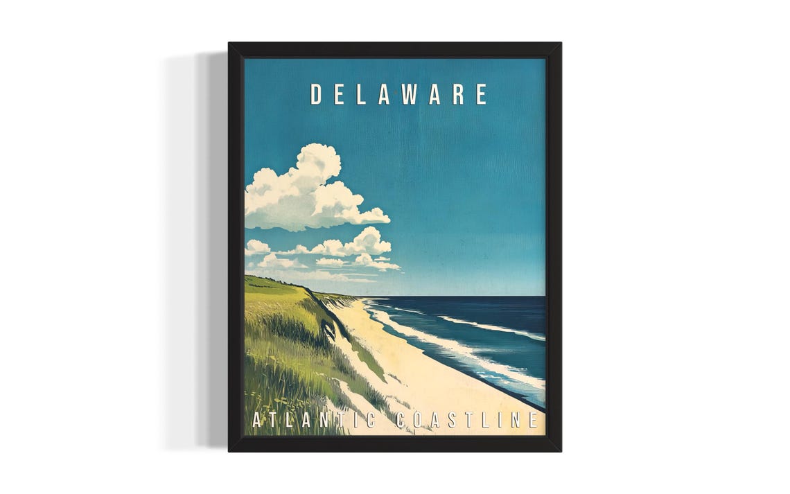 Delaware Atlantic Coastline Sandy Beach Vintage Travel Poster