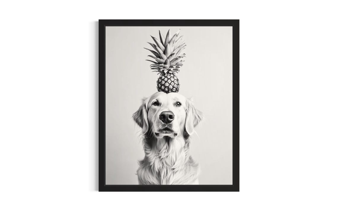 Golden Retriever Balancing Pineapple on Head Cute Kitchen Dog Poster