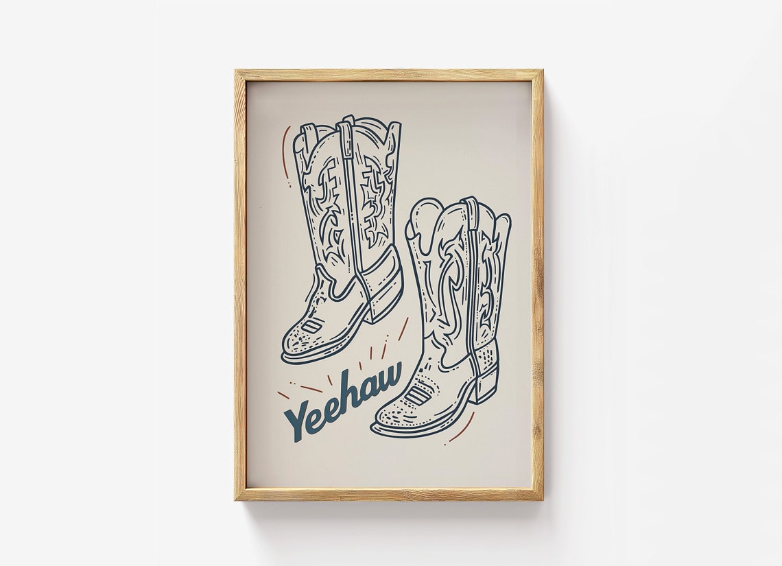 Yeehaw Cowboy Boots Line Art Vintage Western Rustic Decor Poster