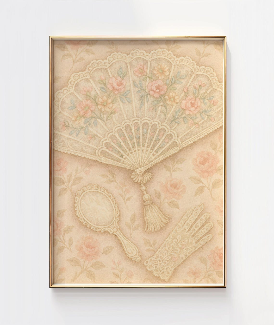 Victorian Floral Fan Hand Mirror Lace Glove Vintage Vanity Poster