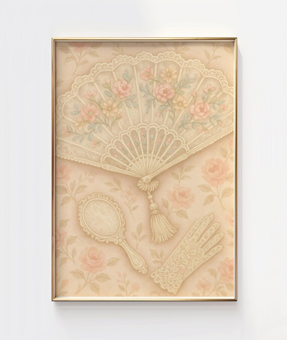 Victorian Floral Fan Hand Mirror Lace Glove Vintage Vanity Poster