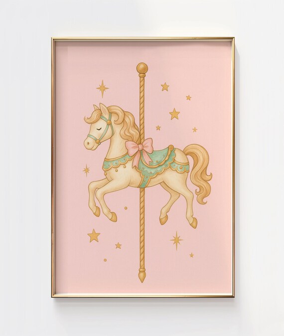 Pink Carousel Horse Gold Stars Whimsical Nursery Girls Room Poster