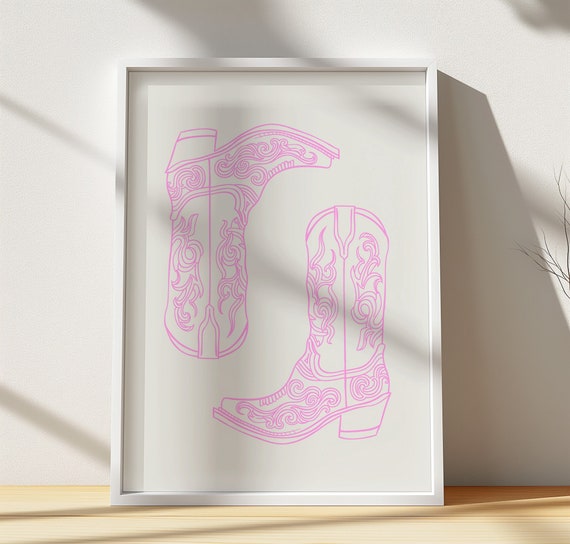 Pink Cowboy Boots Line Art Print Western Home Decor