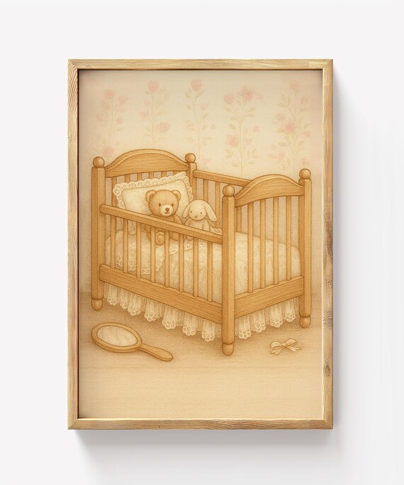 Sweet Wooden Crib Teddy Bear Vintage Nursery Art Sepia Poster