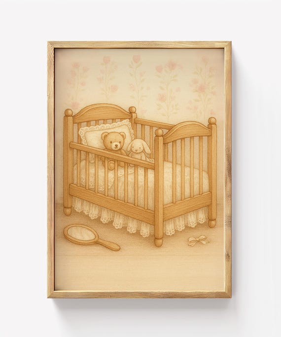 Vintage Nursery Wall Art Cute Teddy Bear Crib Print Soft Beige Pastel Baby Room Decor Girly Toddler