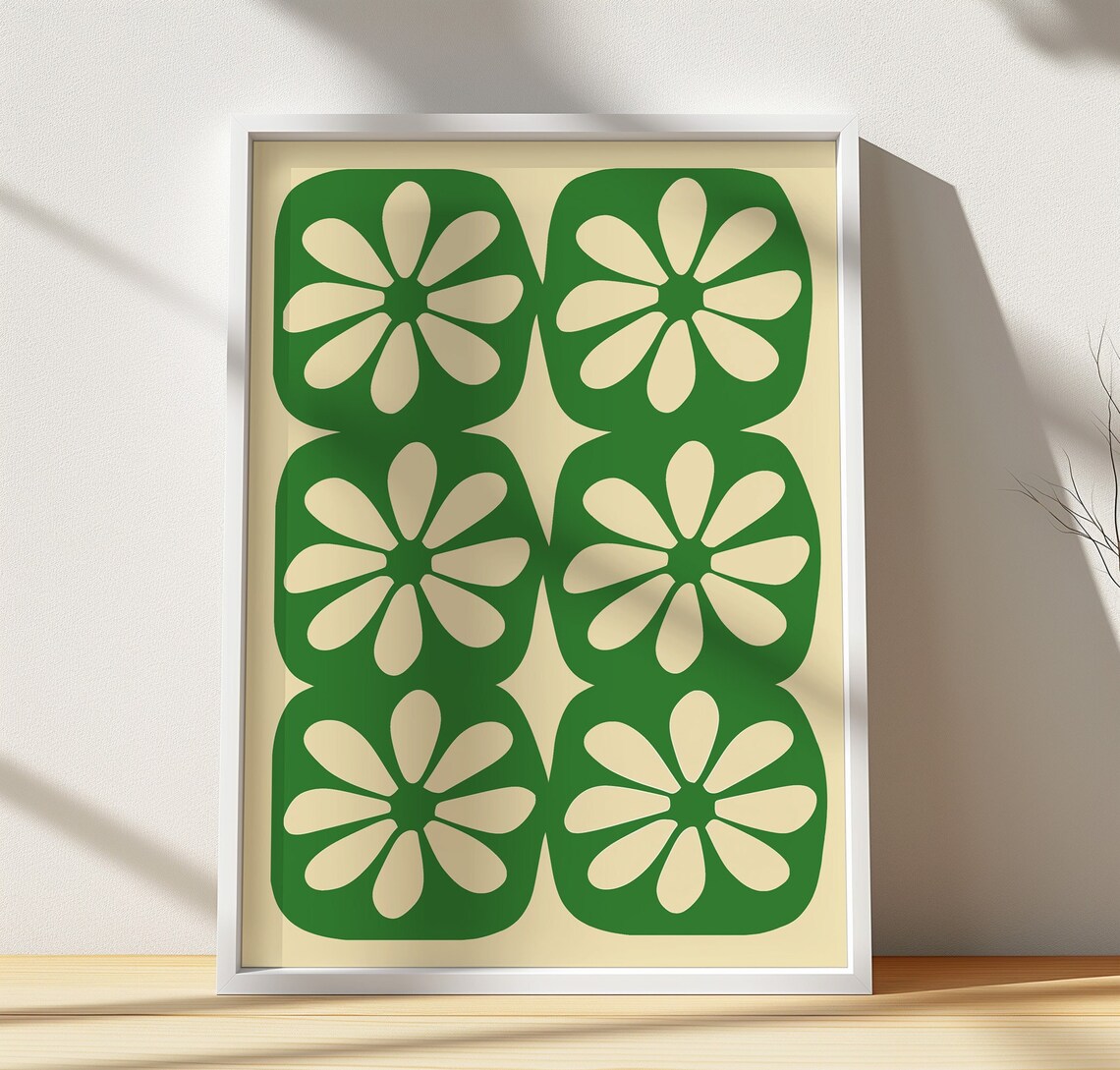 Green Cream Retro Flower Tiles Mid Century Pattern Poster for Nursery Room Decor