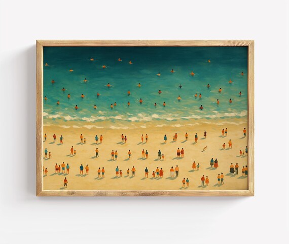 Crowded Aerial Beach Painting Tiny Figures Teal Water Summer Poster
