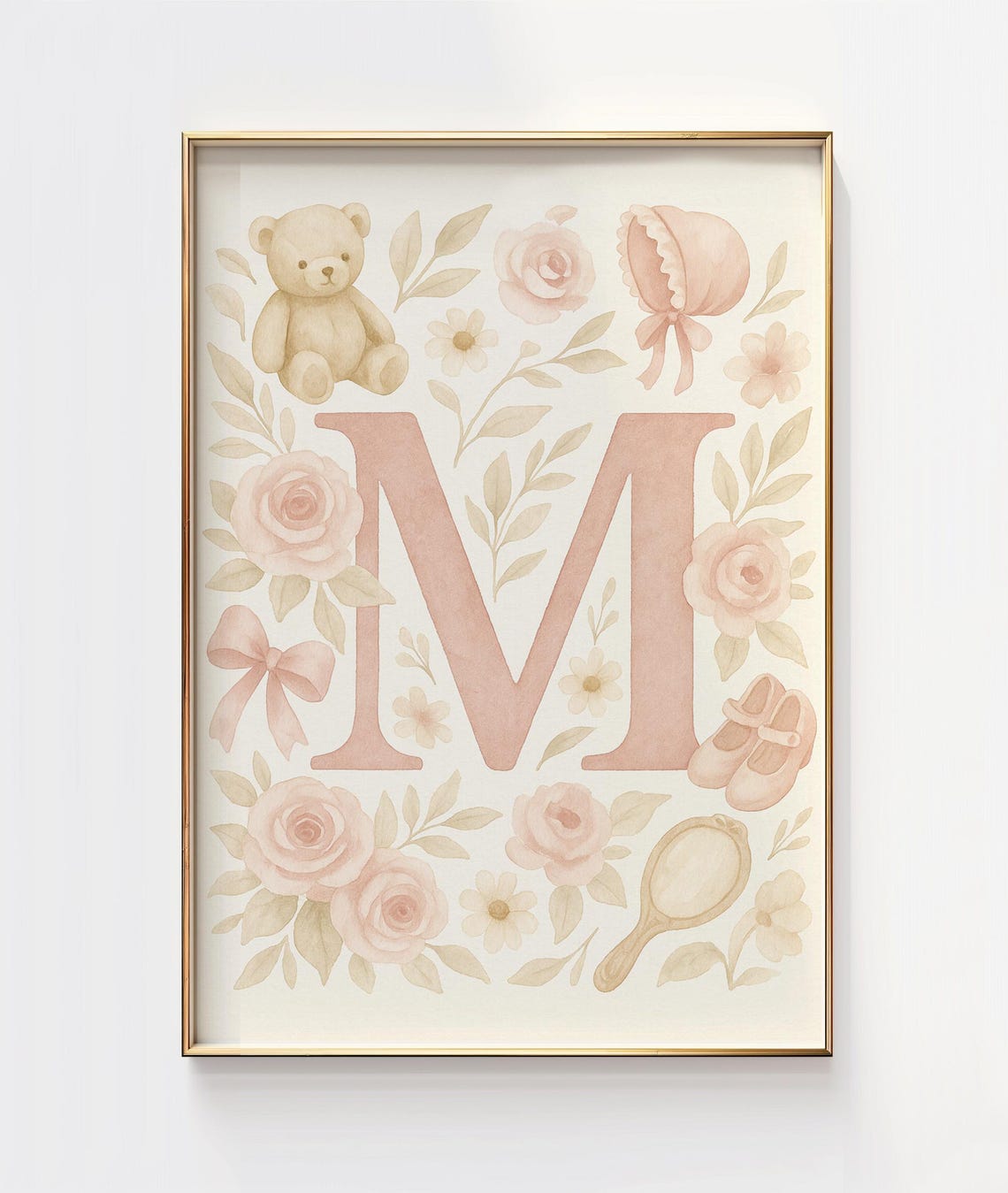 Pink Floral Letter M Monogram Baby Nursery Teddy Bear Wall Print