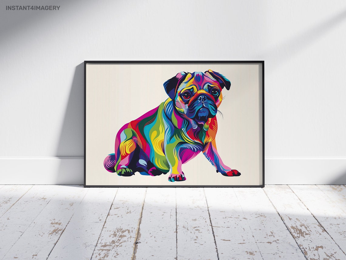 Cute Colorful Pop Art Pug Portrait Rainbow Modern Dog Wall Print
