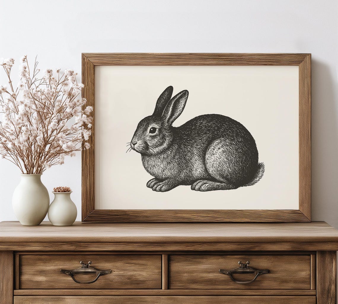 Bunny Rabbit Line Art Print Minimalist Black And White Boho Nursery Decor