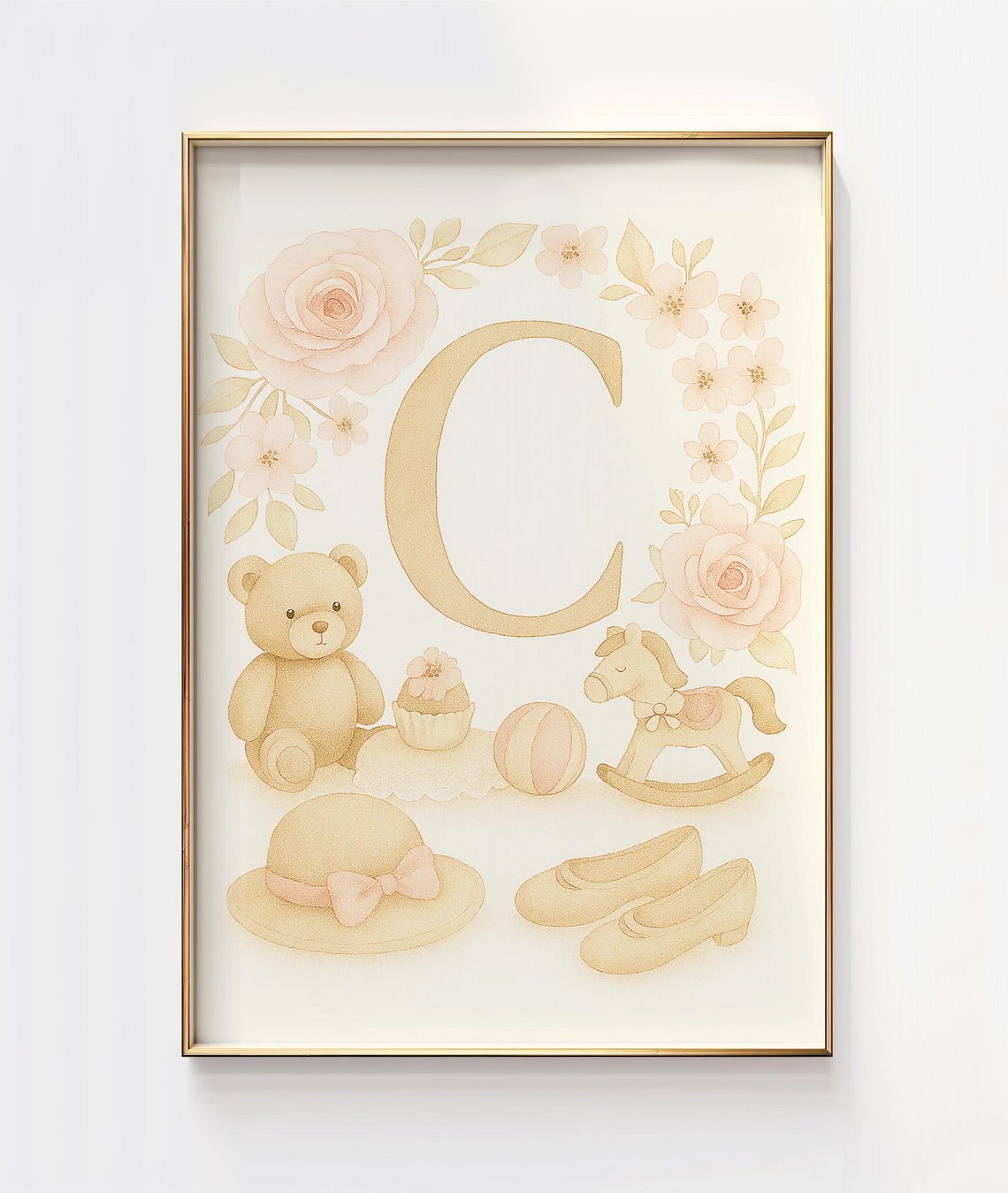 Personalized Letter C Floral Teddy Bear Nursery Art Print