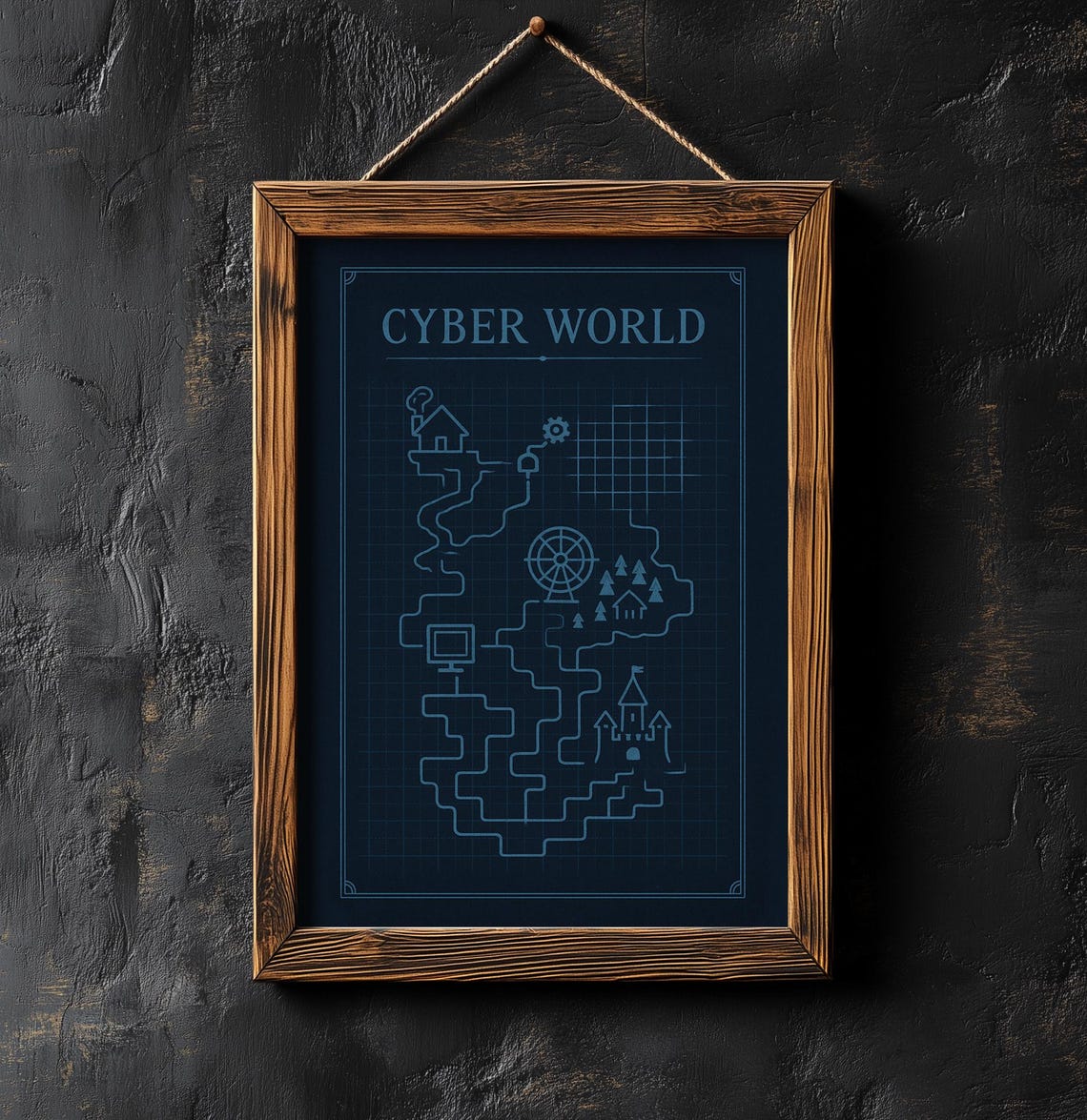Cyber World Blueprint Map Grid Line Art Minimalist Gaming Poster