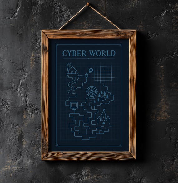 Cyber World Blueprint Map Print Gamer Art Modern Decor Minimalist Wall Poster