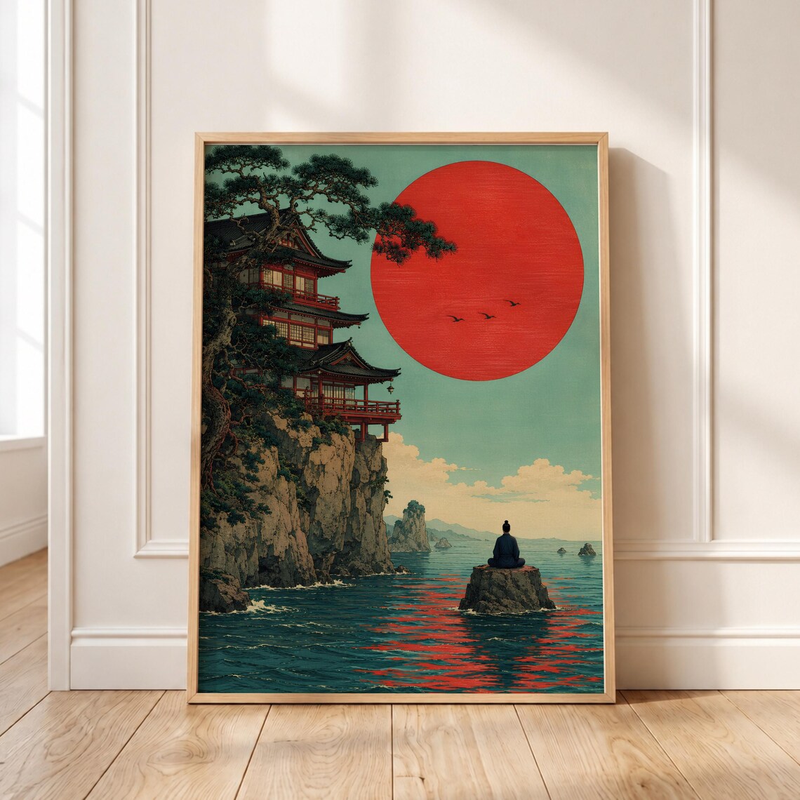 Japanese Pagoda Cliff Red Sun Ocean Meditating Figure Ukiyoe Art Poster