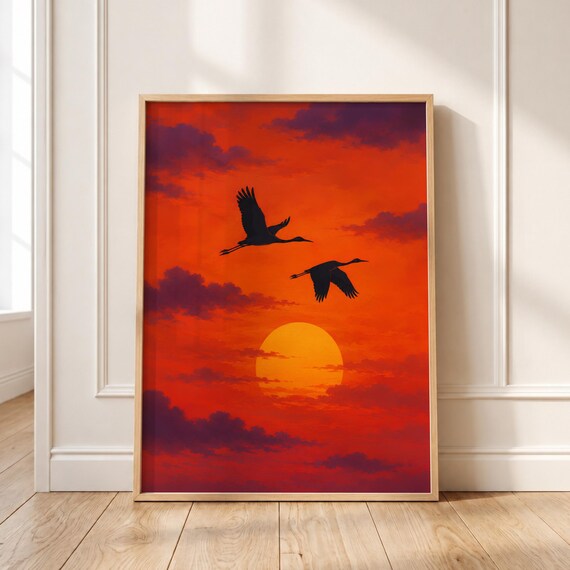 Japanese Crane Sunset Wall Art Vibrant Asian Nature Print