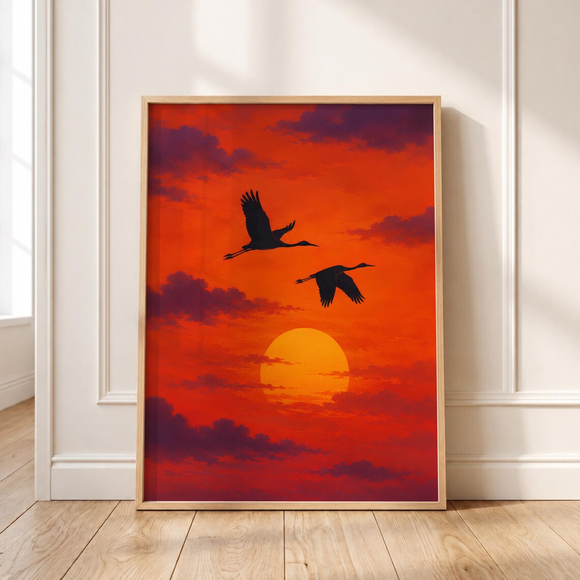 Japanese Crane Sunset Wall Art Vibrant Asian Nature Print