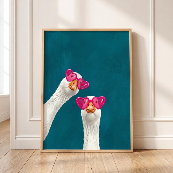 Geese With Sunglasses Print Teal Bathroom Decor Whimsical Animal Art