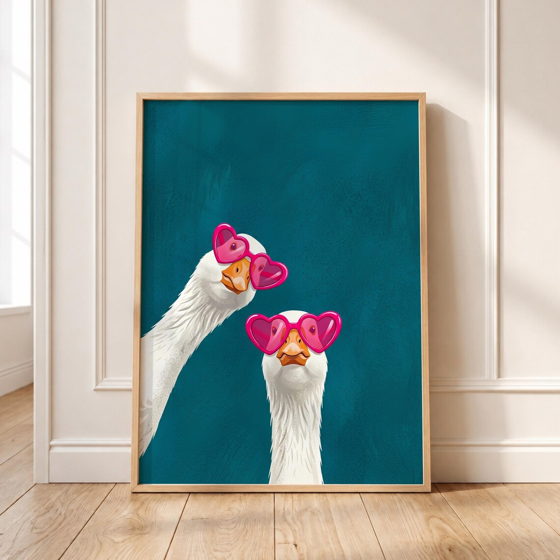 Geese With Sunglasses Print Teal Bathroom Decor Whimsical Animal Art