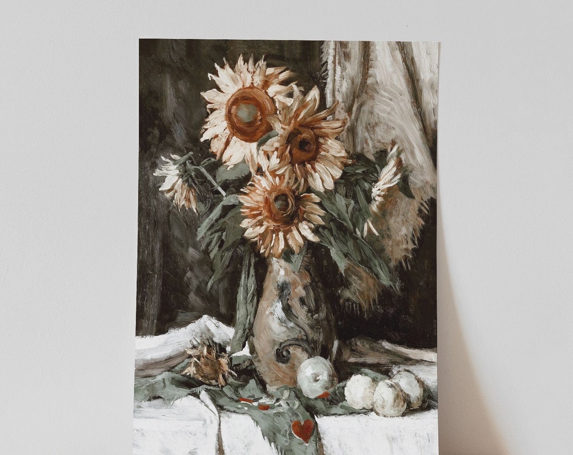 Sunflowers in Vase Rustic Still Life Painting Vintage Floral Wall Art - Image 2