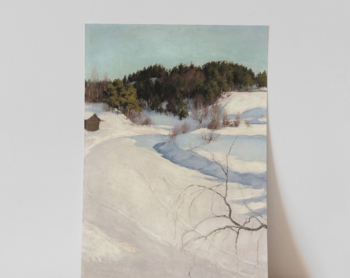 Snowy River Bend Winter Pines Small Cabin Vintage Landscape Wall Art - Image 3