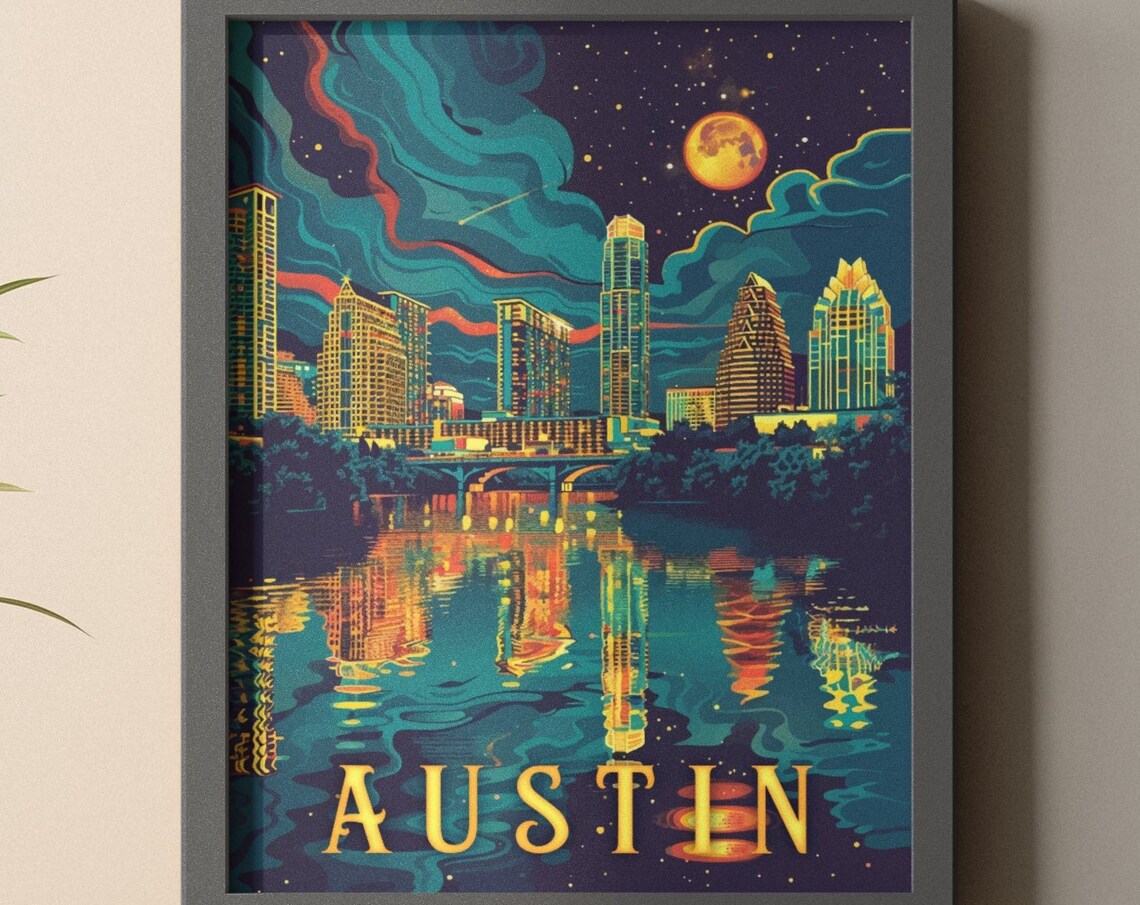 Austin Texas Night Skyline over the River Neon Travel Poster