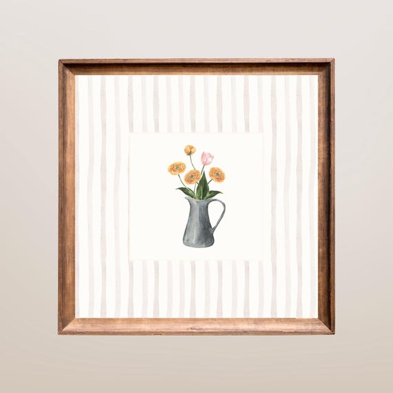 Vintage Flower Jug Wall Art Cottage Watercolor Floral Bouquet Rustic Bedroom Decor Pastel Botanical Ranunculus