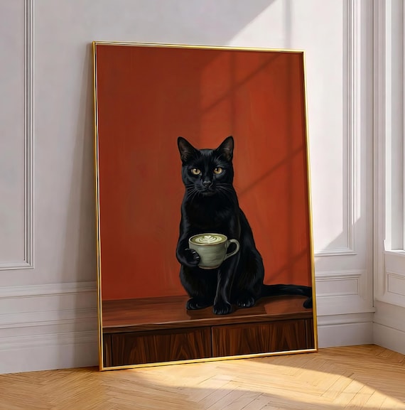 Black Cat Matcha Latte Art Print Kitchen Decor Whimsical Tea Bar Moody Maximalist Poster Gothic Cafe Digital Download