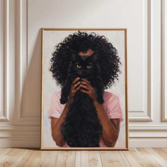 Girl With Black Cat Art Printable Minimalist African Woman Portrait Painting Modern Pet Owner Gift Kitten Poster Digital Download