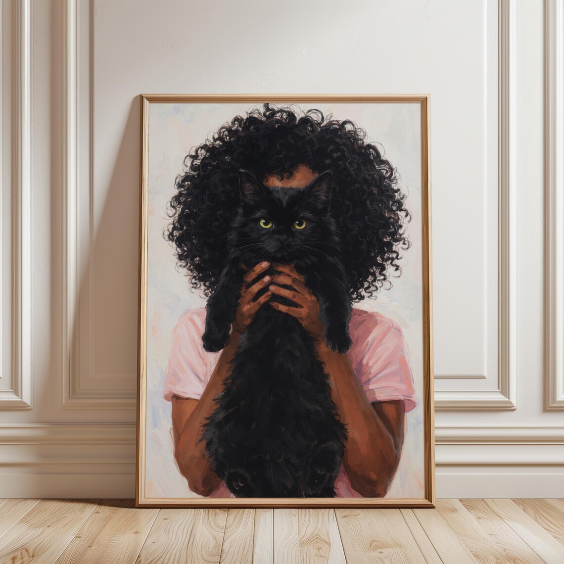 Girl With Black Cat Art Printable Minimalist African Woman Portrait Painting Modern Pet Owner Gift Kitten Poster Digital Download