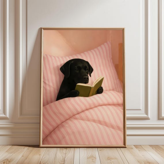 Dog Reading Pink Cozy Art Print Black Labrador Bookish Poster Girl Bedtime Illustration Soft Aesthetic Bedroom Nursery Wall Decor