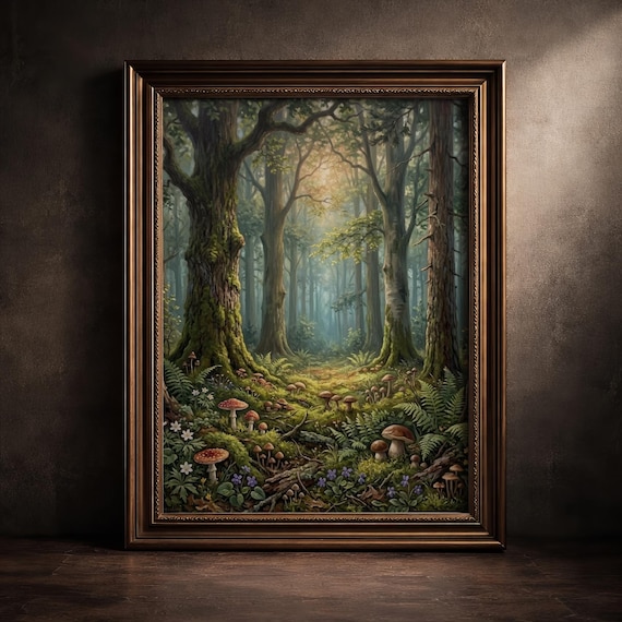 Dark Enchanted Forest Mushroom Floor Mossy Trees Moody Woodland Poster