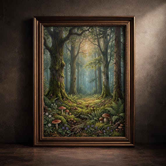 Moody Mushroom Wall Art Dark Cottagecore Forest Poster Enchanted Woodland Goblincore Decor Vintage Fungi Botanical Landscape Painting