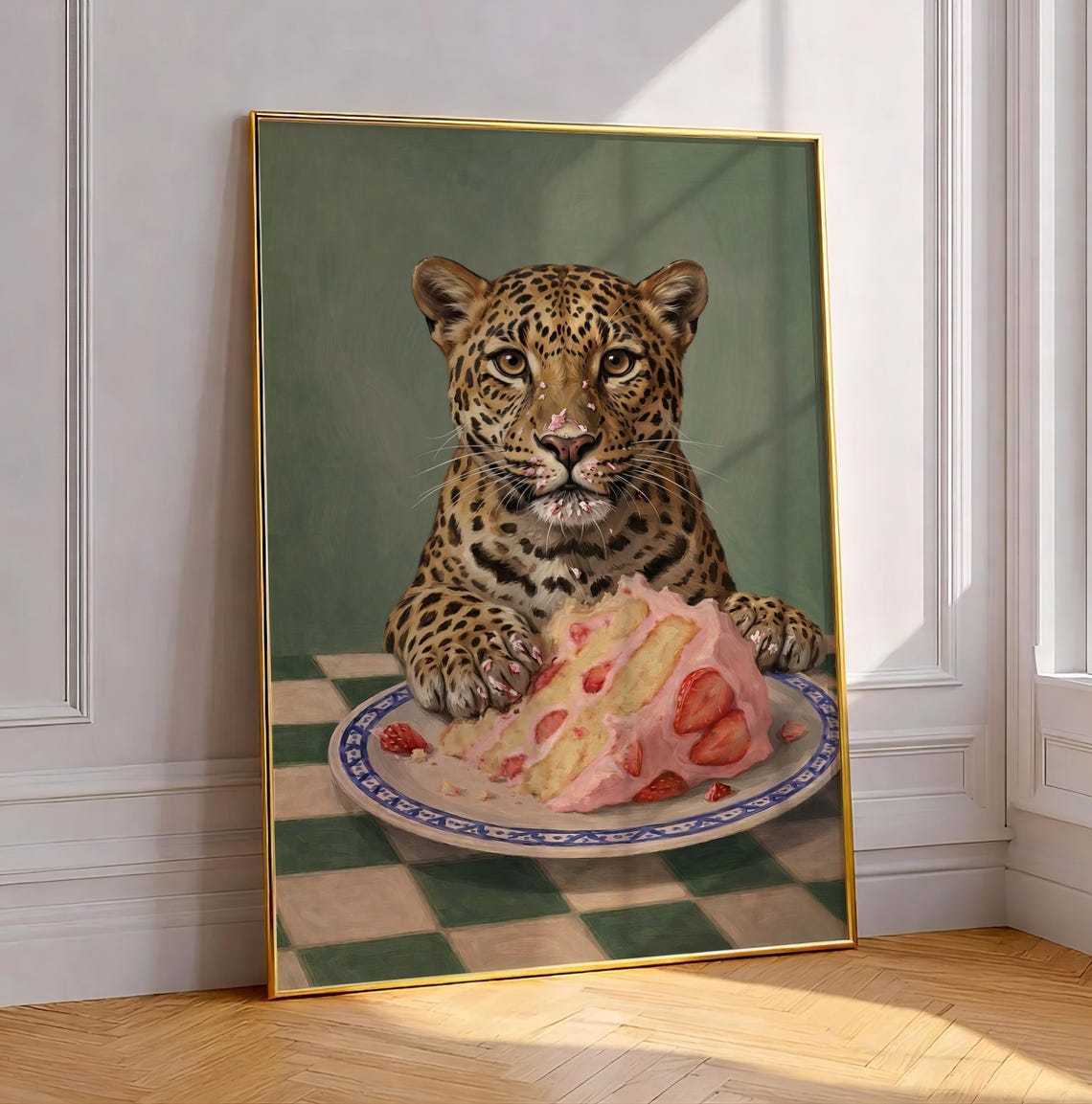 Whimsical Leopard Eating Strawberry Cream Cake Funny Animal Poster
