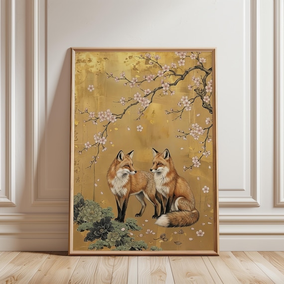 Cherry Blossom Fox Art Print Japandi Japanese Sakura Artwork Gold Leaf Style Animal Poster Zen Nature Wall Decor Digital Download