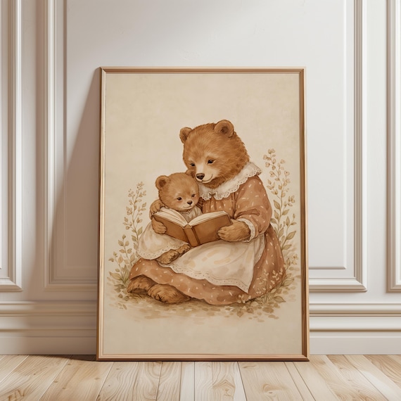 Mother Bear Reading To Cub Nursery Print Woodland Storybook Wall Decor