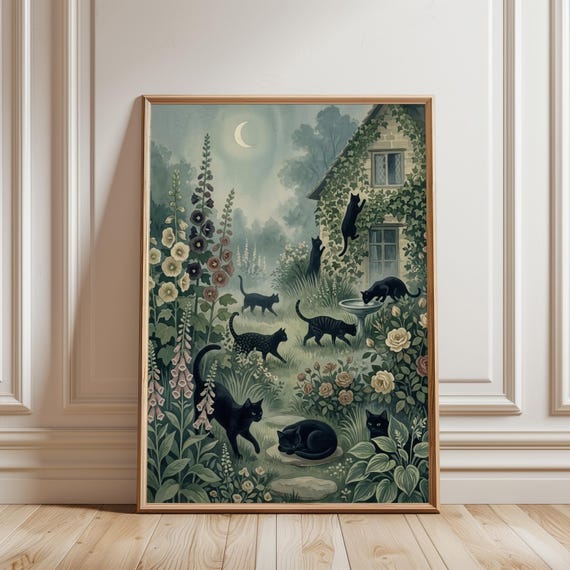 Black Cat Botanical Art Print Cottagecore Floral Wall Decor Whimsical Garden Moody Maximalist Nature Poster Digital Download
