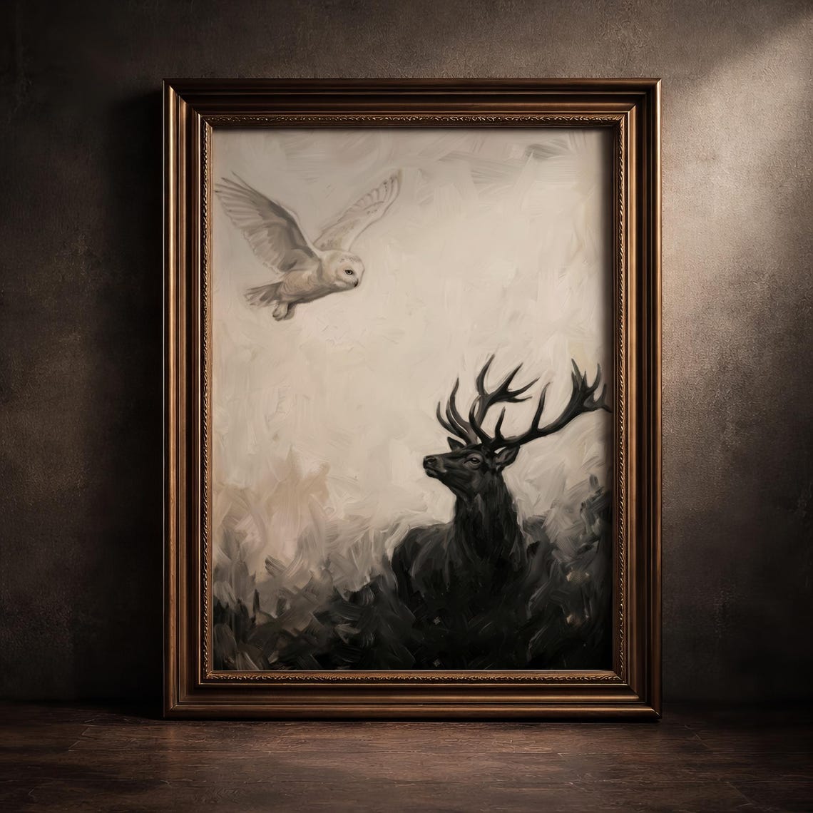 Black Deer Stag And White Owl Moody Symbolic Yin Yang Art Print