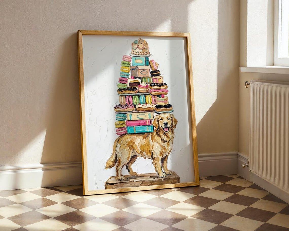 Golden Retriever Dessert Tower Poster Whimsical Bakery Animal Artwork