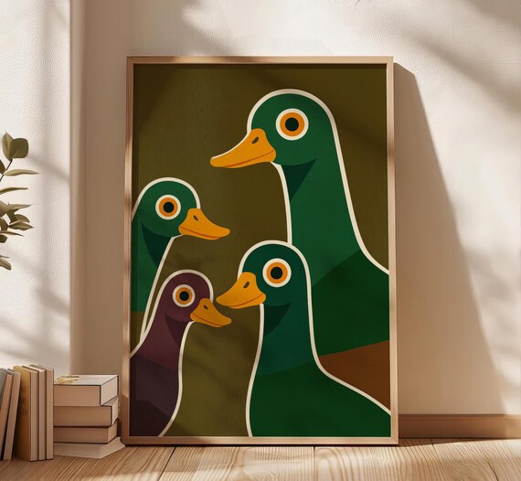 Nosy Ducks Art Print Boho Midcentury Duck Illustration Abstract Whimsical Animal Poster For Nursery Or Bathroom Decor Digital Download