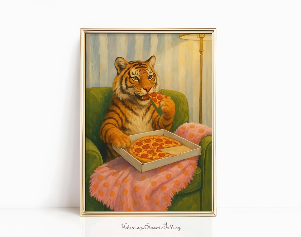 Funny Tiger Eating Pizza in Armchair Cozy Foodie Animal Poster